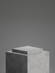 Concrete pedestal for product display with grey background. 3d rendering.