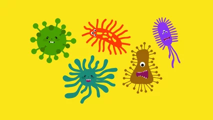Fotobehang Viruses and microbes with faces, illustration, vector © Volodymyr