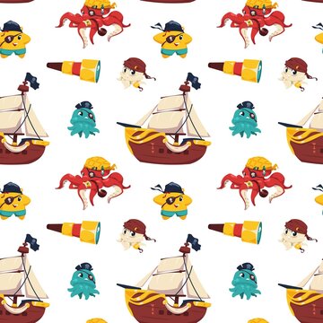 Pirate animals pattern. Seamless print of nautical underwater animals in pirate costumes, children illustration of octopus fish monkey parrot. Vector texture