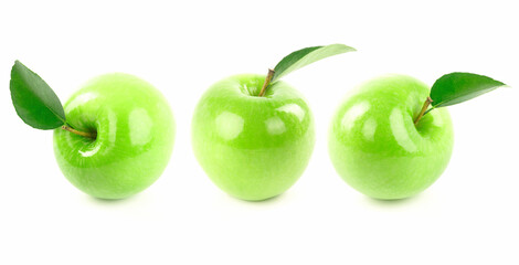 Organic green apple on a white background.
