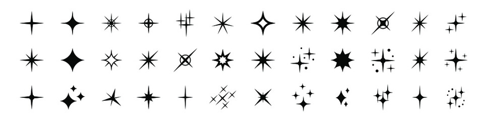 Sparkles, stars and bursts icons, twinkling stars. Glowing light effect star. Sparkles, shining burst. Christmas vector symbols isolated.