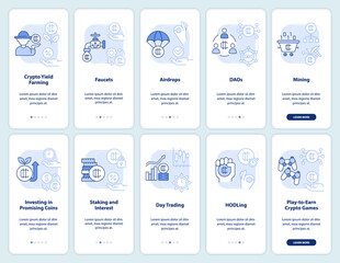 Making money on crypto light blue onboarding mobile app screen set. Walkthrough 5 steps editable graphic instructions with linear concepts. UI, UX, GUI template. Myriad Pro-Bold, Regular fonts used