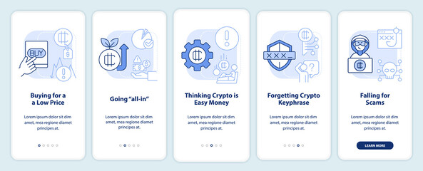 Common crypto mistakes light blue onboarding mobile app screen. Walkthrough 5 steps editable graphic instructions with linear concepts. UI, UX, GUI template. Myriad Pro-Bold, Regular fonts used