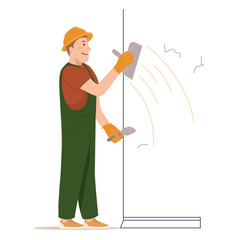 Plasterers smoothing, plastering and covering wall surface with putty, spackling paste and spatula. Vector flat design illustration isolated on white background. Home repairs. Man in uniform