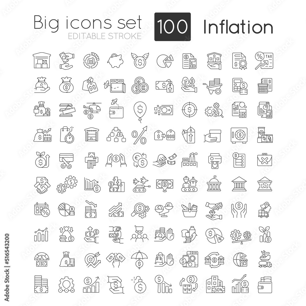 Canvas Prints inflation linear icons set. increasing prices. currency value. economic crisis. customizable thin li