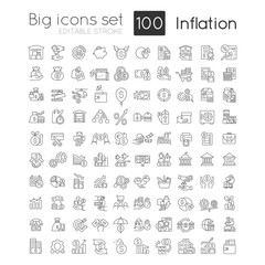 Inflation linear icons set. Increasing prices. Currency value. Economic crisis. Customizable thin line symbols. Isolated vector outline illustrations. Editable stroke. Quicksand-Light font used