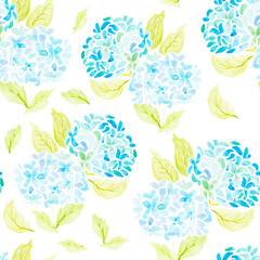 Vector hand painted with watercolor brush seamless pattern with blue and azure hydrangeas illustration isolated on white background - 516543488