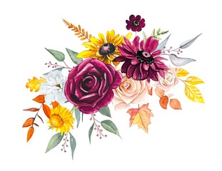 Watercolor flower bouquet ,  watercolor autumn flowers. Floral  composition .