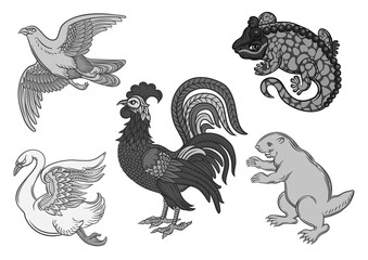 Symbolic heraldic animals and birds. Set off eagle, beaver, rooster, swan and salamander.Traditional character styles for coats of arms and shields. Clip art, elements for design Vector illustration.