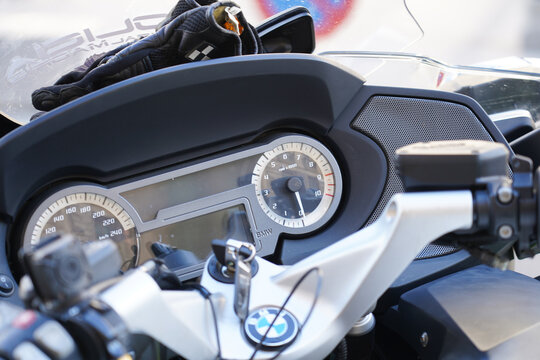 BMW police motorcycle in Madrid, Spain. photo taken in May 2022. details.