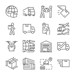 Logistics, delivery, receive of parcel and cargo icons set. Shipping methods, logistics chains, courier service, linear icon collection. Line with editable stroke - obrazy, fototapety, plakaty