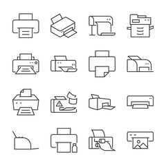 Printer icons set. Printing on the printer, printers of various shapes, linear icon collection. Line with editable stroke