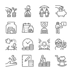 Retirement or pension icons set. Retirement Cash Savings. Old man with money, seniority pay, linear icon collection. Line with editable stroke - obrazy, fototapety, plakaty