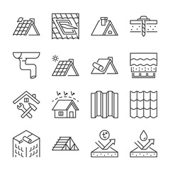 Roof icons set. Construction and roofing repair of the roof of the house. Property and characteristics of different types of roofs. Layers of materials, tools, linear icon. Line with editable stroke - obrazy, fototapety, plakaty