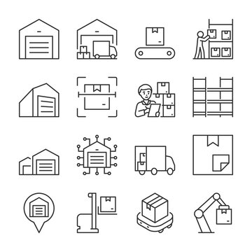 Logistics warehouse icons set. Safe storage and movement of cargo and goods. Terminal. linear icon collection. Line with editable stroke