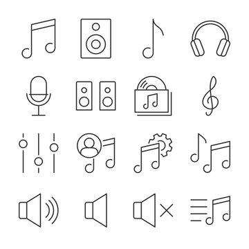 Music Icons Set. Playing, Listening To Music, Linear Icon Collection. Line With Editable Stroke