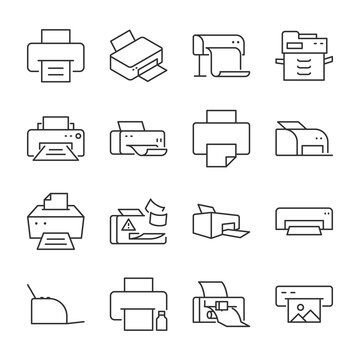 Printer icons set. Printing on the printer, printers of various shapes, linear icon collection. Line with editable stroke