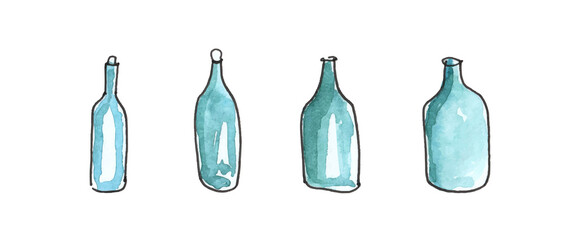 Set of glass bottles hand drawn. Watercolor set of abstract doodle glass bottles. The elements are isolated.
