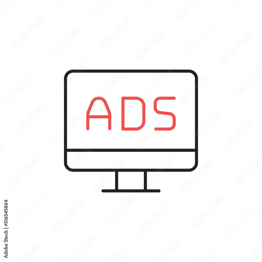 Aufkleber advertising on a computer screen. ads icon. high quality coloured vector illustration..
