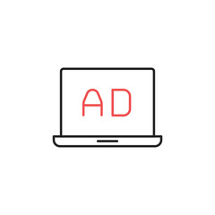 Advertise on laptop screen. Ads icon. High quality coloured vector illustration..