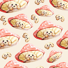 Cute Mushroom Seamless Pattern Background, Watercolour