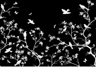 Cherry blossom branches against the sky with sparrow, finches. Seamless pattern, background. Vector illustration. Chinoiserie, traditional oriental botanical motif. In botanical style