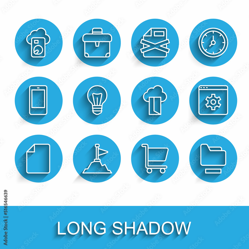 Poster set line file document, mountains with flag on top, cloud database, shopping cart, document folder, 