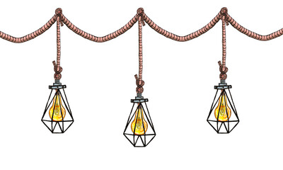 Watercolor illustration vintage large light bulbs, iron rod chandelier, cage, loft style, modern interior