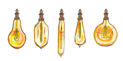 A set of watercolor illustrations of different types of light bulbs in the loft style, Edison lamps, interiors