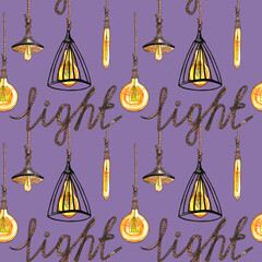 Seamless watercolor pattern Edison lamps on a rope loft style inscription light, on purple, lilac background 