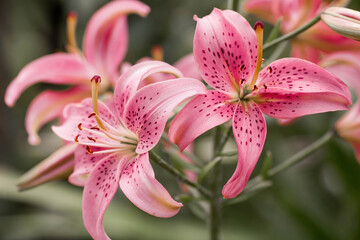 Summer photo or background with pink flowers. Beautiful nature scene with a flowering tree. Beautiful healthy lilies blooming in a pink shade.