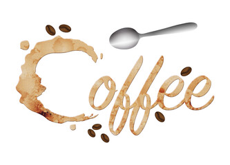 Kaffeefleck Typografie mit Kaffeebohnen und Löffel