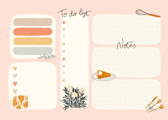 Trendy cooking minimalist template planner in pastel colors. For menu, to-do list. Raster illustrations of cute retro kitchen utensils in a textured hand-drawn style.