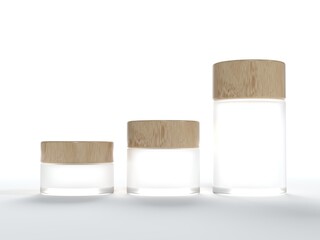Set of three white cosmetic cream jars with wooden lids, beauty and care product packaging and branding 3D render mockup