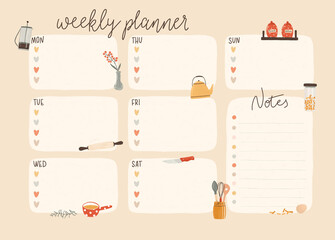 Trendy cooking minimalist template planner for the week in pastel colors. To-do list. Raster illustrations of cute retro kitchen utensils in a textured hand-drawn style.