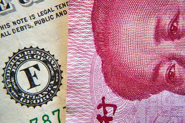 banknot chiński i banknot USA, Chinese banknote and US banknote