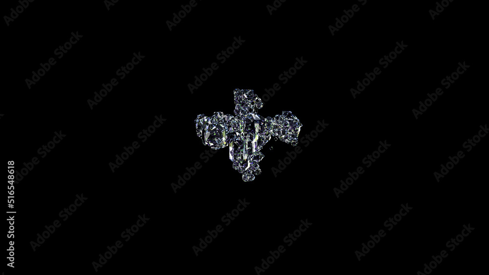 Poster crystal shining transparent diamonds plus on black, isolated - object 3d rendering