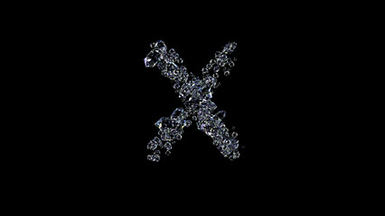 crystal glowing transparent diamonds letter X on black, isolated - object 3D rendering