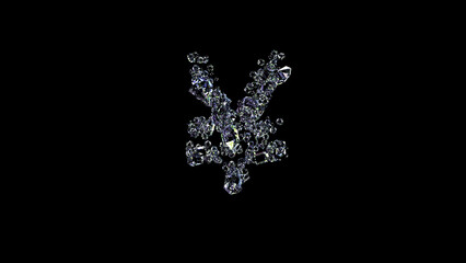 crystal lighting finest diamonds yen symbol on black, isolated - object 3D rendering