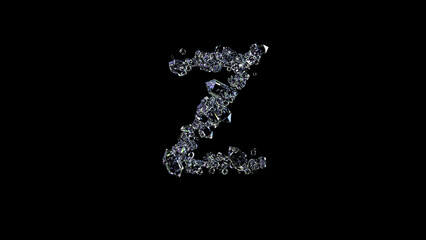 crystal lighting transparent diamonds letter Z on black, isolated - object 3D illustration