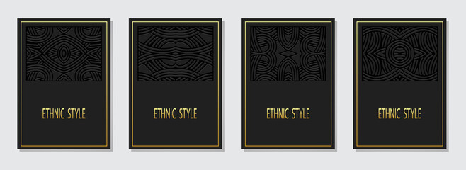 Cover set, vertical vector templates. Collection of black backgrounds with 3d monogram, logo, symbol. Tribal ethnos of the East, Asia, India, Mexico, Aztecs, Peru. Design of maximalism.