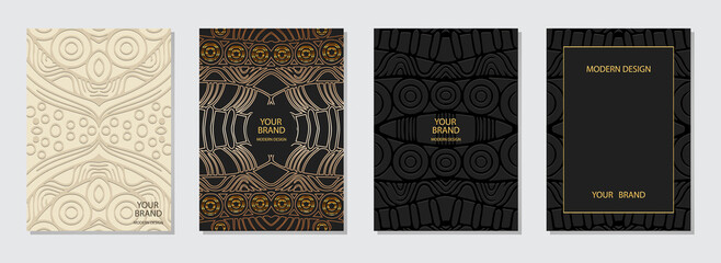 Set of vintage covers, vertical vector templates. Collection of backgrounds with 3d geometric abstract pattern. Tribal ethnos of the East, Asia, India, Mexico, Aztecs, Peru. Design of maximalism.