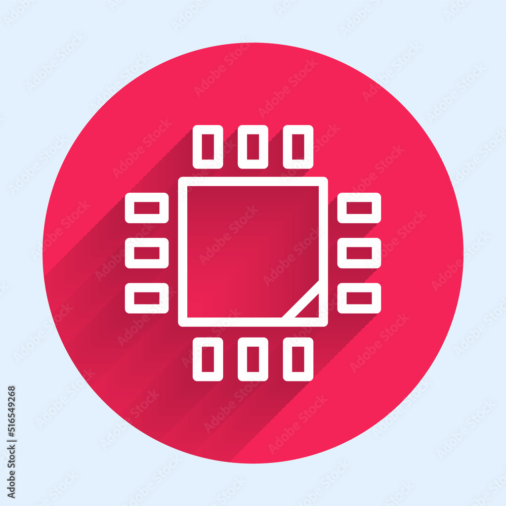 Poster white line computer processor with microcircuits cpu icon isolated with long shadow. chip or cpu wit