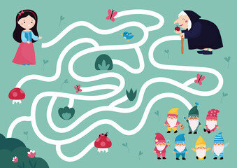 Maze game with Snow White princess, witch and seven dwarfs. Classical fairy tale kawaii characters. Labyrinth puzzle with paths. Vector illustration.