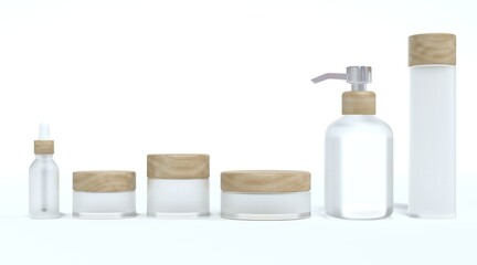Fototapeta na wymiar Set of six different frosted glass cosmetic cream jars and bottles with wooden lids, beauty and care product packaging and branding 3D render mockup
