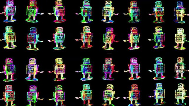 multi color robots dancing and tripping background 