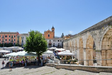 The market square of Sulmona, an Italian village in the Abruzzo region.