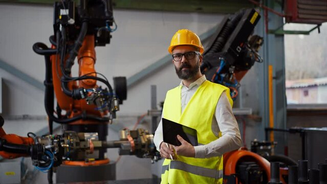 Automation engineer holding scanner in industrial factory and doing control with tablet,