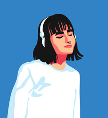 Flat vector minimalistic illustration of a young girl with headphones listening to a podcast, audio book, online music in trending colors. Concept of relaxation, good mood, rest. Communication online.