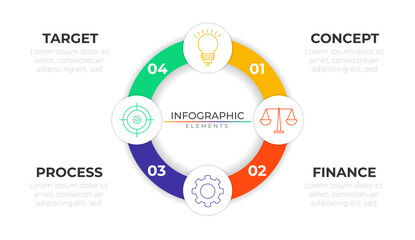 Fototapeta premium Circular process infographic elements plan concept design vector with icons. Four steps workflow network project template for presentation and report. 